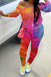 Tie Dye Fashion Long Sleeve Off Shoulder Sets Casual Colorful Printing Two-Piece XMY013