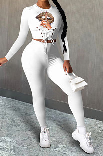 Sexy Polyester Mouth Graphic Long Sleeve Waist Tie Fashion Two-Piece XMY015