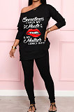 Casual Batwing Sleeve Mouth Graphic Printing Long Sleeve Two-Peice XMY009