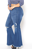 Casual Modest Large Size Elastic Waist Ripped Flare Leg Jeans SMR2344