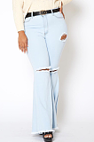 Casual Modest Large Size Elastic Waist Ripped Flare Leg Jeans SMR2343