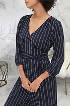 Casual Sexy Striped Long Sleeve V Neck Waist Tie Casual Jumpsuit SMR9764