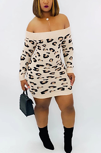 Casual Sexy Leopard Long Sleeve Off Shoulder Midi Dress H1239