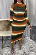 Casual Striped Long Sleeve Round Neck Long Dress SN390017