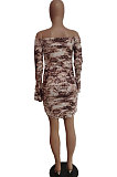Fashion Square Neck Off Shoulder Lotus Sleeve Ruffle Printing Dress LBA1001