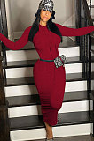 Autumn Winter Cotton Rib Long Sleeve Round Neck Mid Waist Pure Color Casual Dress NK186
