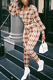 Casual Modest Gingham Lapel Neck Puff Sleeve Casual Jumpsuit KZ176