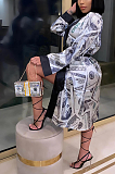 Casual Sexy Satin Dollar Graphic Long Sleeve Belted Coats Midi Dress KZ186