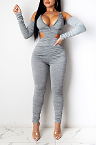 Casual Polyester Long Sleeve Off Shoulder Bodycon Jumpsuit KA7136