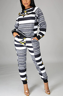 Casual Sporty Striped Long Sleeve Round Neck Long Pants Sets KZ185