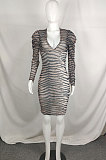 Sexy Leopard Long Sleeve Tight Package Hip Skirt V Neck Club Womenswear Dress QY5021