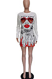 Autumn Winter Style Printing Individuality Long Sleeve Round Neck Mid Waist Dress BBN118