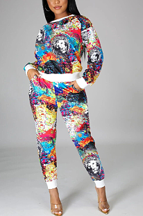 Casual Sporty Pop Art Print Long Sleeve Round Neck Long Pants Sets KZ191