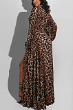 Night Out Sexy Leopard Long Sleeve Deep V Neck Waist Tie Long Dress KZ188