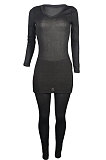 Black Knitwear Long Sleeve V Neck Sets Fashion Casual Sexy Two-Piece QY5018