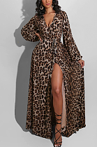 Night Out Sexy Leopard Long Sleeve Deep V Neck Waist Tie Long Dress KZ188