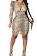 Sexy Leopard Long Sleeve Tight Package Hip Skirt V Neck Club Womenswear Dress QY5021