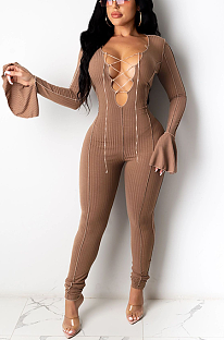 Night Out Sexy Long Sleeve Flounce Hollow Out Bodycon Jumpsuit KF234
