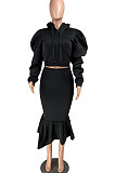 Fashion Pure Color Bubble Sleeve Long Sleeve Winter Skirt Two-Piece W8338