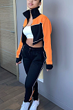 Casual Sporty Long Sleeve High Neck Spliced Crop Top Long Pants Sets YX9252