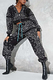 Casual Sporty Pop Art Print Round Neck Waist Tie Hoodie Long Pants Sets SMY8051