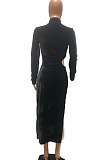 Fashion Silver Fox Wool Sexy Long Sleeve Hollow Out Long Dress R6361