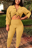 Casual Cute Long Sleeve Lapel Neck Belted Tee Top Long Pants Sets WXY7040