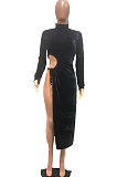 Fashion Silver Fox Wool Sexy Long Sleeve Hollow Out Long Dress R6361