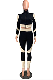 Casual Sporty Long Sleeve Round Neck Contrast Panel Long Pants Sets YR8054