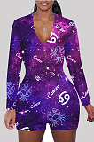 Casual Polyester Galaxy Graphic Long Sleeve V Neck Shorts Sets SDD9450