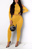 Sexy Polyester Long Sleeve Off Shoulder Shirred Detail Capris Pants Sets W8337