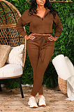 Casual Long Sleeve Lapel Neck Waist Tie Tee Top Long Pants Sets YLY163