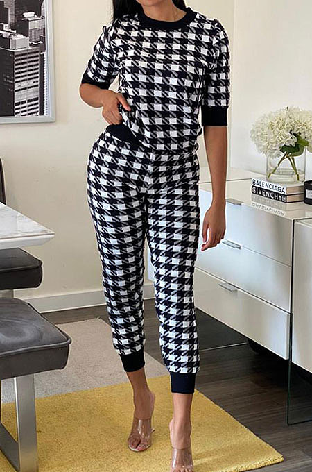Short Sleeve Long Pants Sets Printing Casual Sporty Plaid Two-Piece MY9707