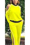 Casual Beading Hollowing Fluorescent Shoulder Inserts Long Sleeve Long Pants Sets E8523
