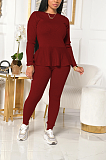 Casual Long Sleeve Round Neck Self Belted Flounce Long Pants Sets W8343