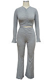 Pure Color Long Sleeve Shirred Detail Flare Leg Pants Two-Piece MY9706