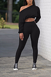 Sporty Long Sleeve Off Shoulder Crop Top Long Pants Sets W8342