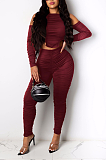 Sexy Polyester Long Sleeve Off Shoulder Shirred Detail Capris Pants Sets W8337
