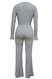 Pure Color Long Sleeve Shirred Detail Flare Leg Pants Two-Piece MY9706