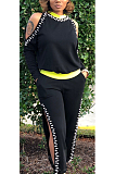 Casual Beading Hollowing Fluorescent Shoulder Inserts Long Sleeve Long Pants Sets E8523