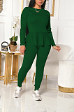 Casual Long Sleeve Round Neck Self Belted Flounce Long Pants Sets W8343
