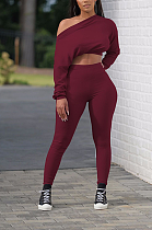 Sporty Long Sleeve Off Shoulder Crop Top Long Pants Sets W8342