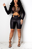 Sexy Polyester Mesh Long Sleeve V Neck Self Belted Spliced Crop Top ML7393