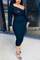 Sexy Ripped Knitted Long Sleeve Hollow Out Shift Midi Dress SN390019
