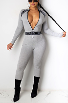 Sexy Polyester Spandex Long Sleeve Zippers V Neck Bodycon Jumpsuit CY1286