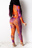 Casual Polyester Tie Dye Pop Art Print Long Sleeve Round Neck Bodycon Jumpsuit CY1287
