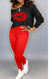 Casual Polyester Mouth Graphic Long Sleeve Two-Piece WXY7038