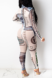 Casual Polyester Tie Dye Pop Art Print Long Sleeve Round Neck Bodycon Jumpsuit CY1287
