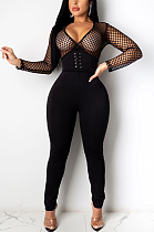 Boho Sexy Mesh Deep V Neck Mesh Hollow Out Bodycon Jumpsuit CCY8778
