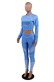 Casual Modest Sporty Long Sleeve Round Neck Crop Top Tailored Pants Sets CCY8759